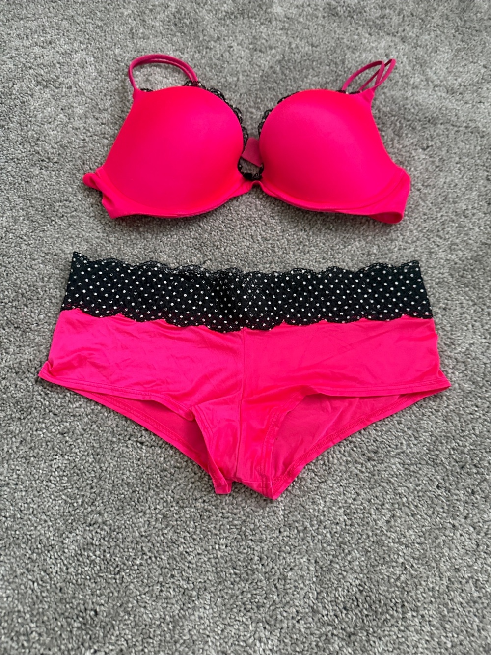 Victoria's Secret Hot Pink Bra and Polka Dot Waistband Boyshorts